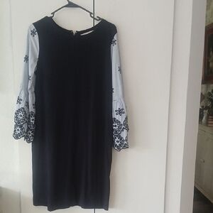 LOFT Black Dress with Blue Embroidered Sleeves